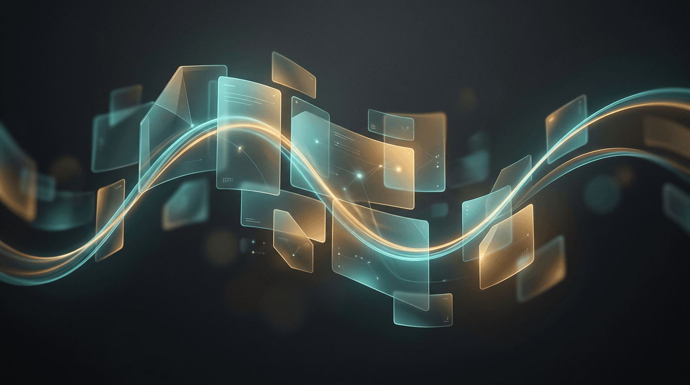 Abstract editorial illustration: unified AI creative studio workspace with connected panels suggesting video, image, and audio in one flow—teal and amber on charcoal, no text