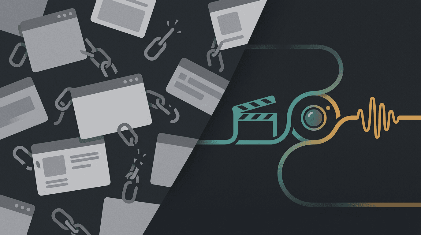 Concept illustration: fragmented tools on one side versus a single connected creative path merging video, image, and sound—editorial tech-blog style