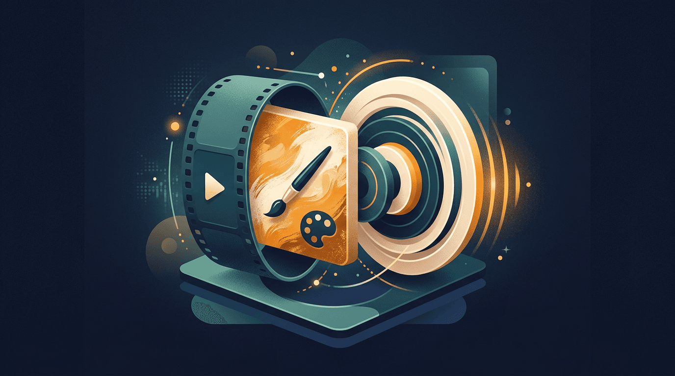 Balanced composition: stylized symbols for video, still image, and audio waves in harmony—brand-consistent palette