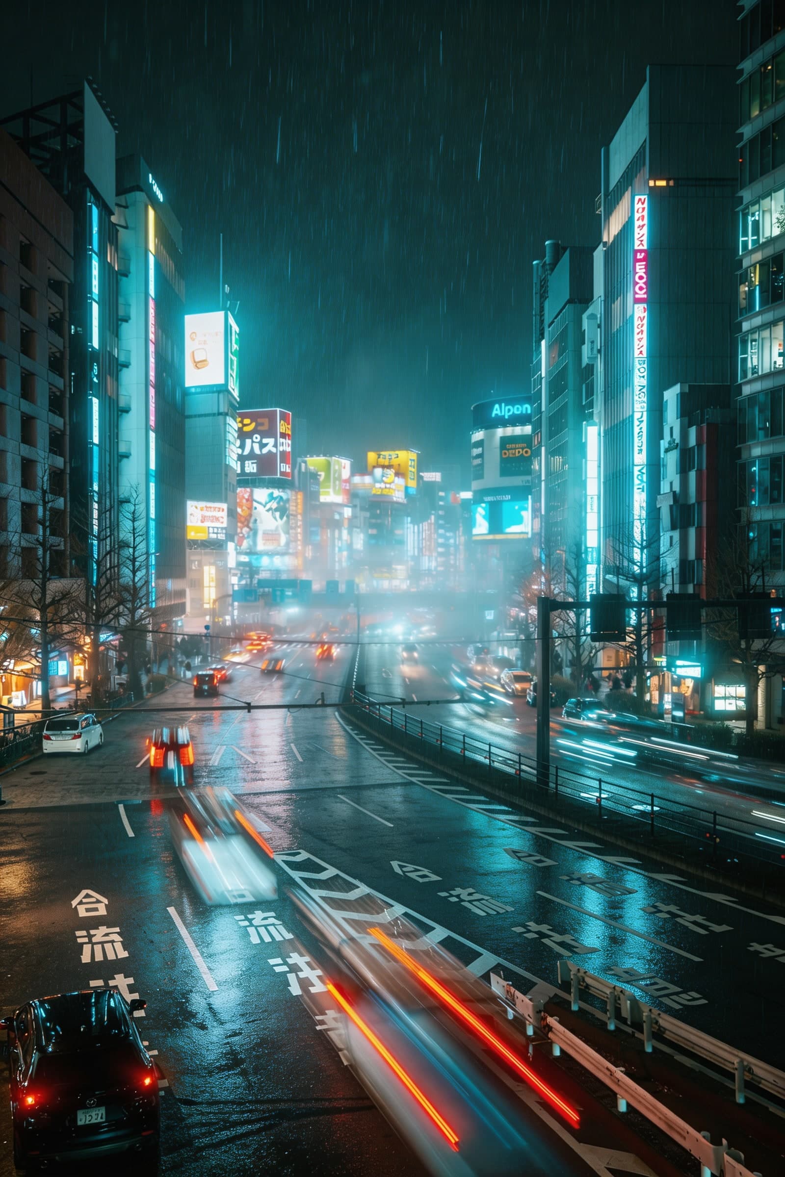 Flux Kontext Pro edited image example — rainy cyberpunk night (demo output)