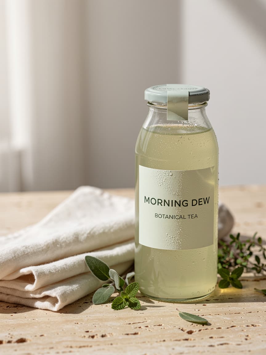 FLUX.2 Pro 文生图示例：浅绿色 Morning Dew 植物茶瓶，标签文字清晰，搭配香草、亚麻布与柔和窗光