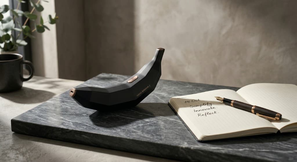 Nano Banana 2 example — minimalist matte device on marble with notebook and fountain pen, cinematic side light