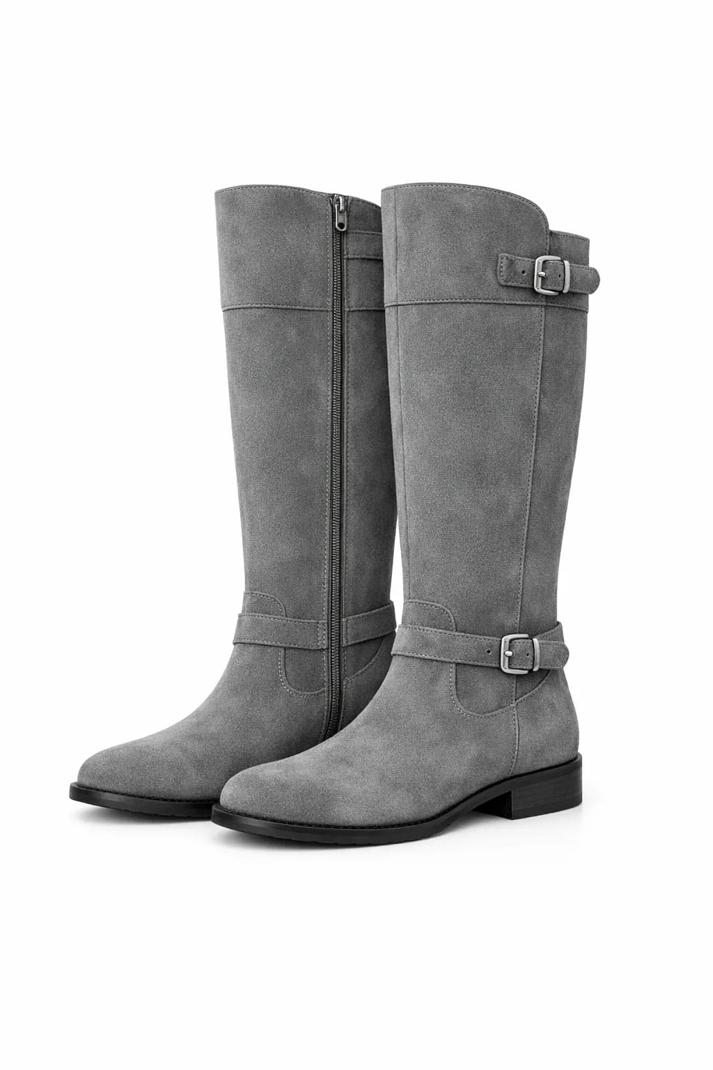 Clothing reference: grey suede knee-high boots with buckle straps
