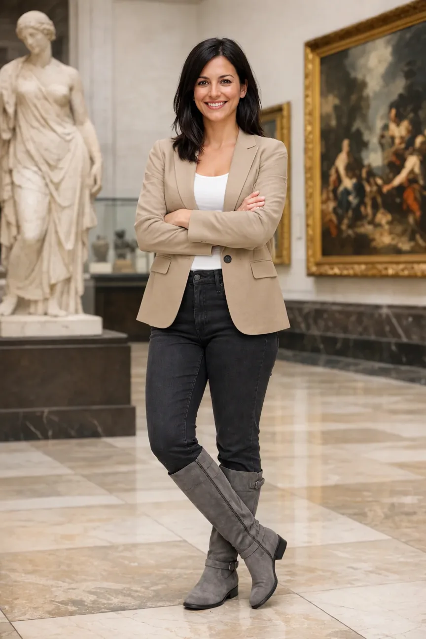 GPT Image 2.5 outfit editing example: a woman wearing a camel blazer, white tank top and grey knee-high boots in a museum hall