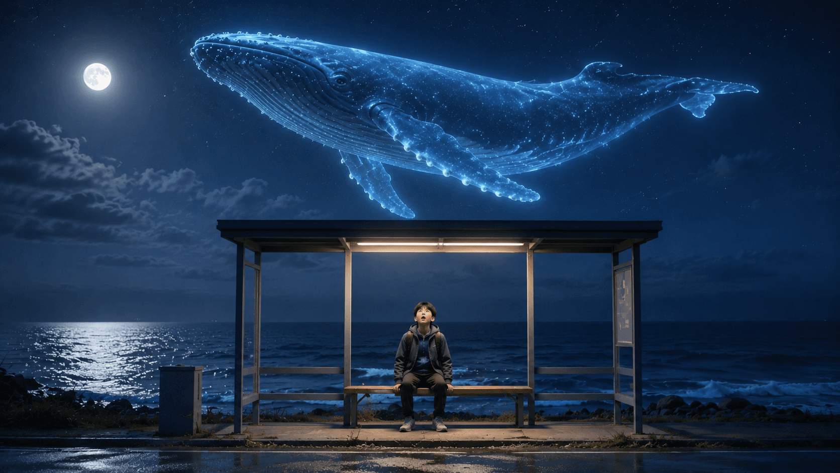 Boy at a seaside bus stop beneath a glowing whale, used as the first frame for Gemini Omni Flash