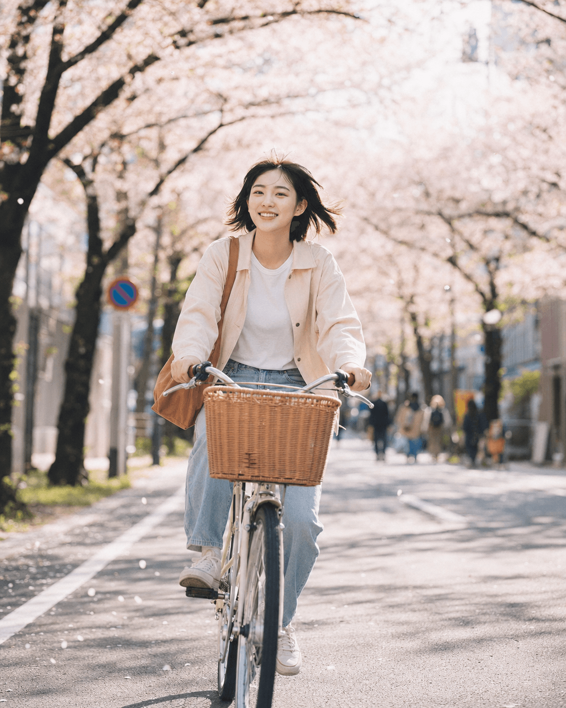 桜の下で自転車に乗る若い女性を写した開始フレーム