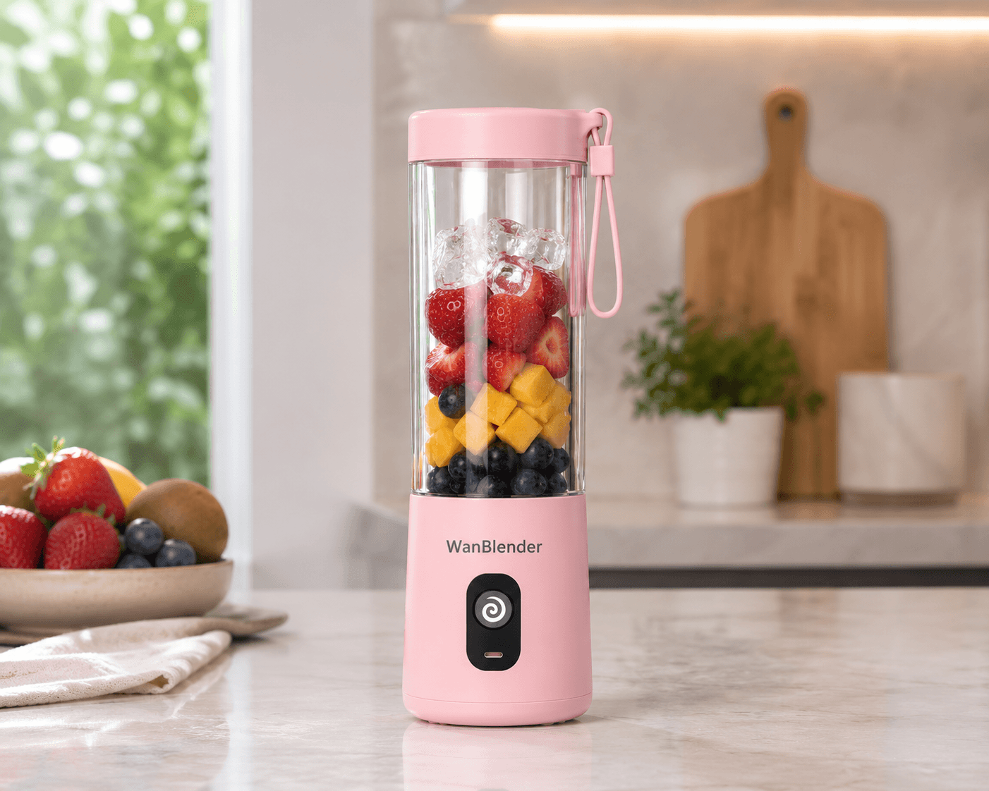 Wan 3.0 reference image of a pale pink portable blender in a premium kitchen