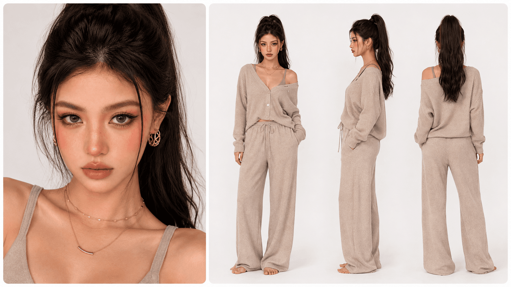 Wan 3.0 reference image of a young Asian woman in a warm beige lounge outfit