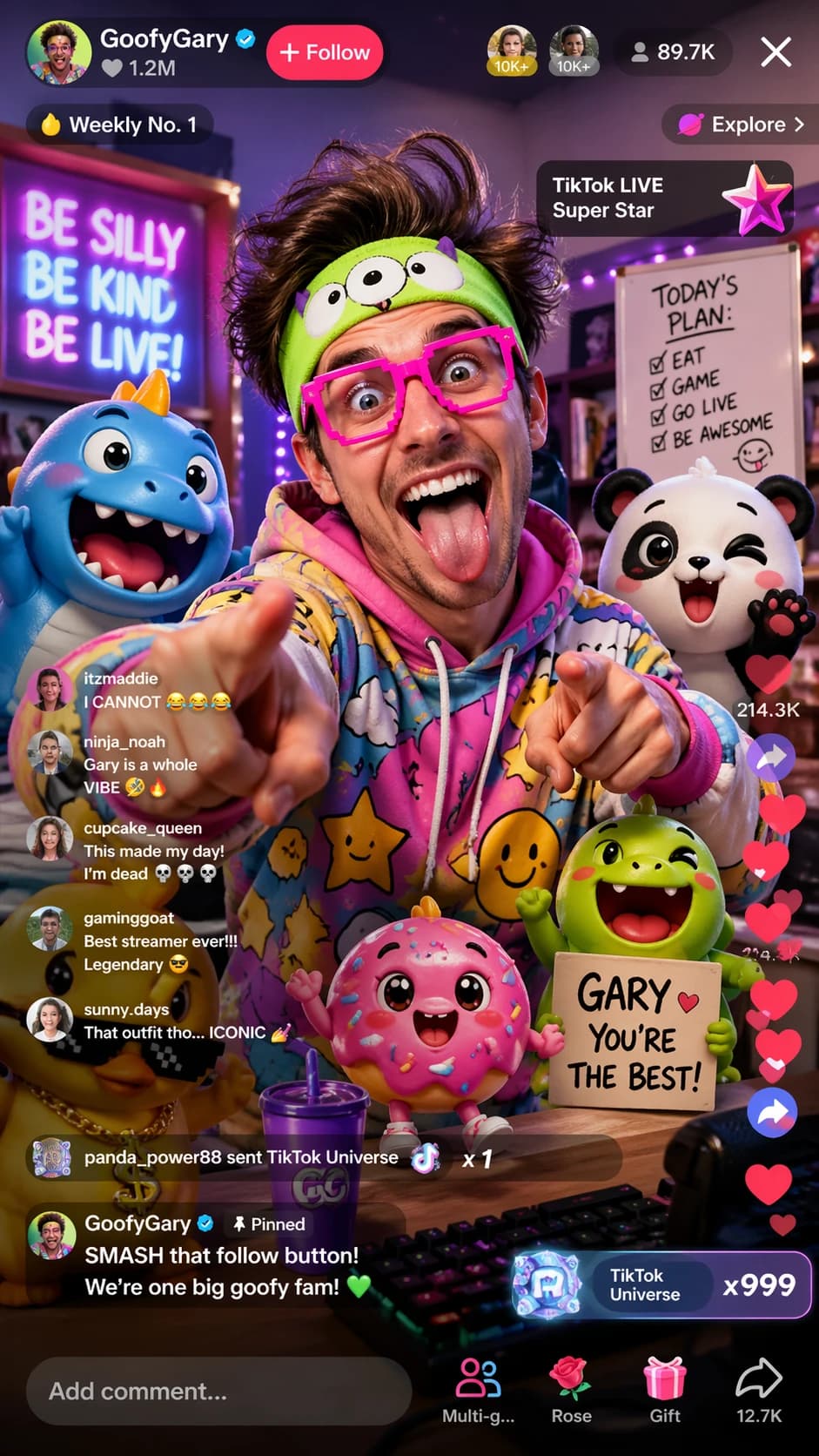 GPT Image 2 のテキストから画像生成例 — カラフルな 3D カートーンキャラクターに囲まれた TikTok のおもしろいライブ配信者